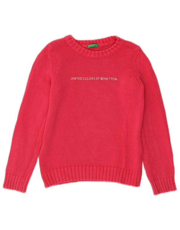 BENETTON Mädchen-Pullover mit grafischem Rundhalsausschnitt, 5–6 Jahre, Größe S, Rosa
