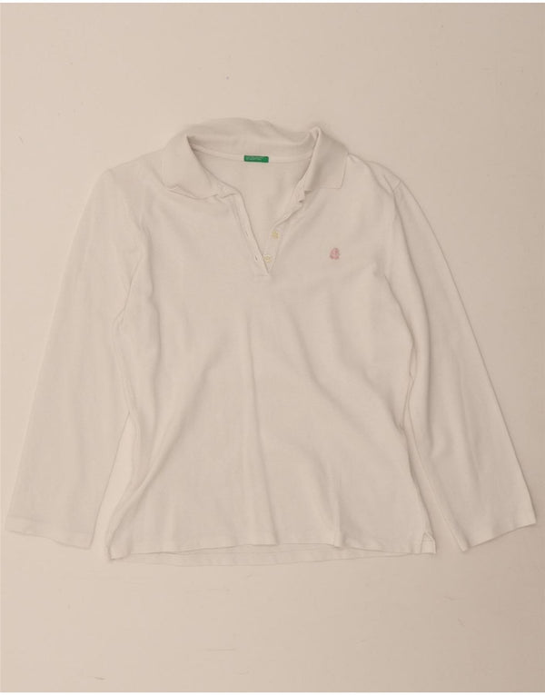 Benetton Damen Langarm-Poloshirt UK 12 Mittelweiß