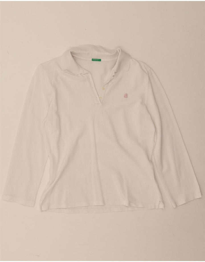 Benetton Damen Langarm-Poloshirt UK 12 Mittelweiß