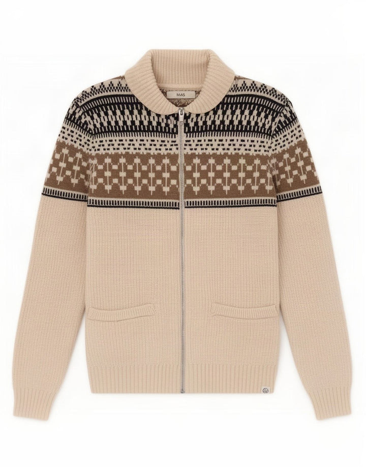 Marks & Spencer Herren-Cardigan mit durchgehendem Reißverschluss, mittelgroß, gebrochenes Weiß, Fair Isle-Muster