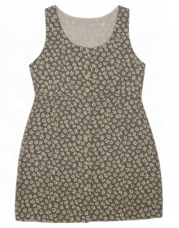 Vintage Damen Ärmelloses Hemdkleid UK 12 Mittelgrau geblümt