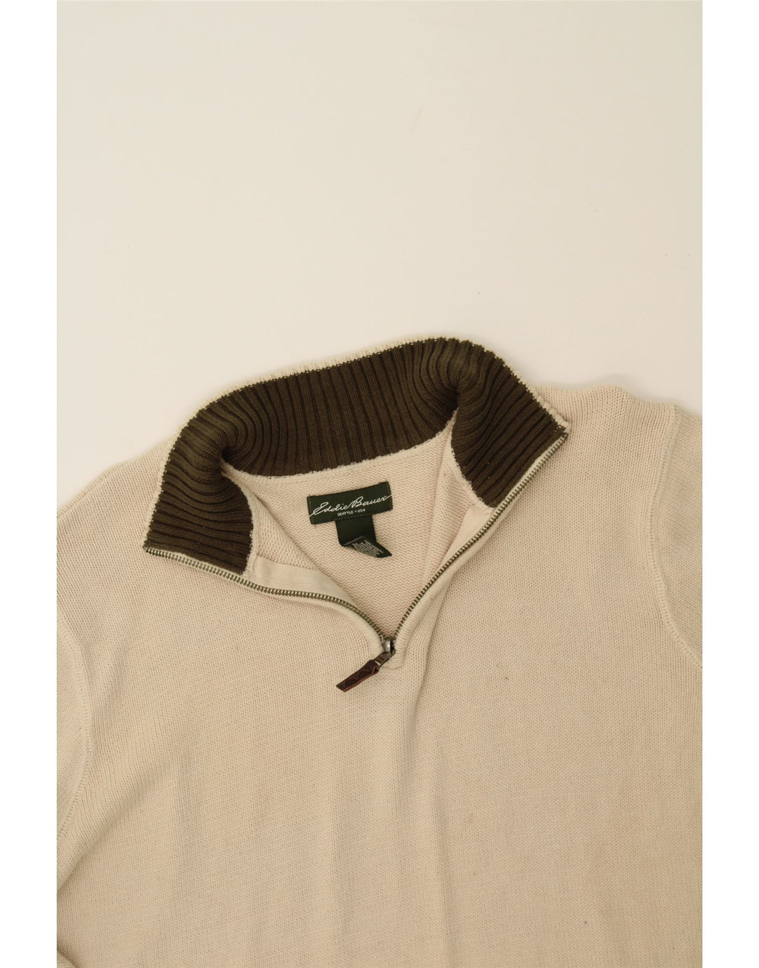 EDDIE BAUER Mens Zip Neck Jumper Sweater Large Beige Cotton Vintage Eddie Bauer and Second-Hand Eddie Bauer from Messina Hembry 