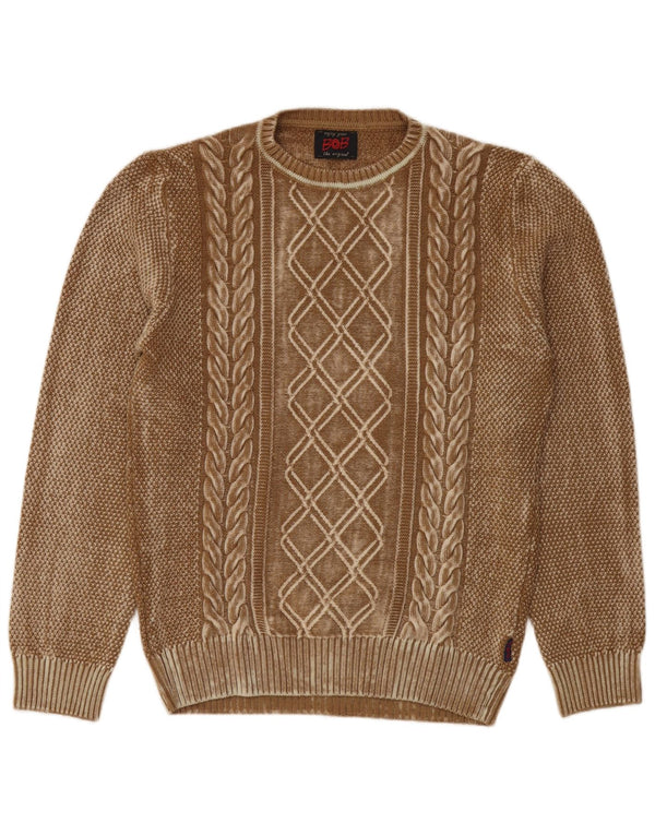 Vintage Mens Crew Neck Jumper Sweater Large Brown Geometric Virgin Wool