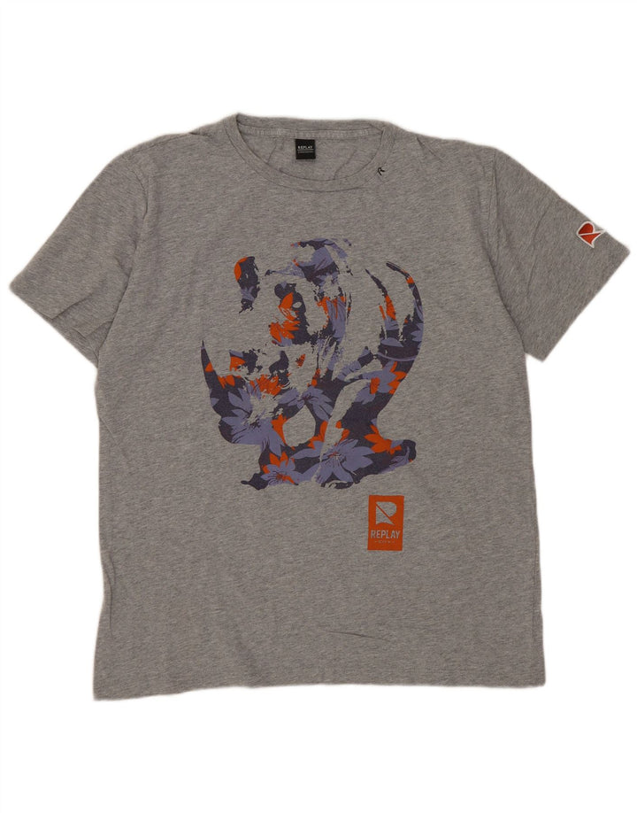 REPLAY Damen Grafik-T-Shirt-Oberteil UK 16 Large Grau