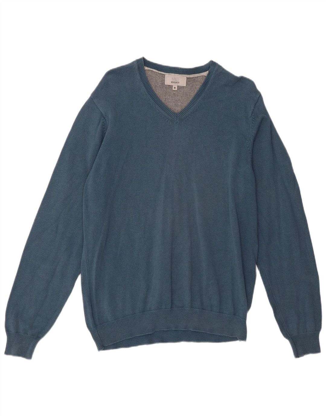 Marks & Spencer Herren-Pullover mit normaler Passform und V-Ausschnitt aus mittelblauer Baumwolle