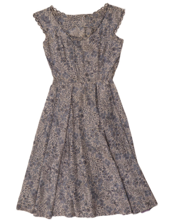 Vintage Damen A-Linie Kleid UK 12 Mittelblau geblümt
