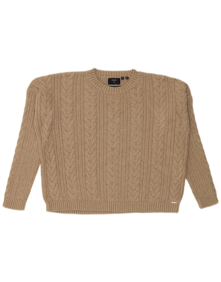 SUPERDRY Womens Crop Oversized Crew Neck Jumper Sweater UK 10 Small Beige