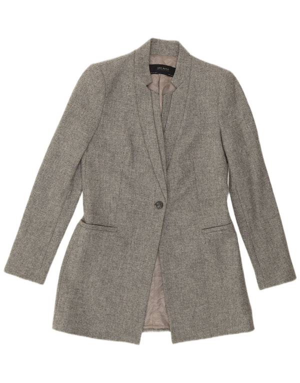 Zara Damen Longline 1-Knopf-Blazerjacke UK 10 Small Grau gesprenkelte Wolle
