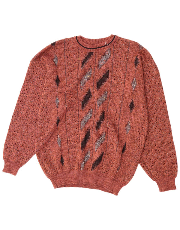 Vintage Mens Crew Neck Jumper Sweater IT 50 Medium Brown Geometric Wool