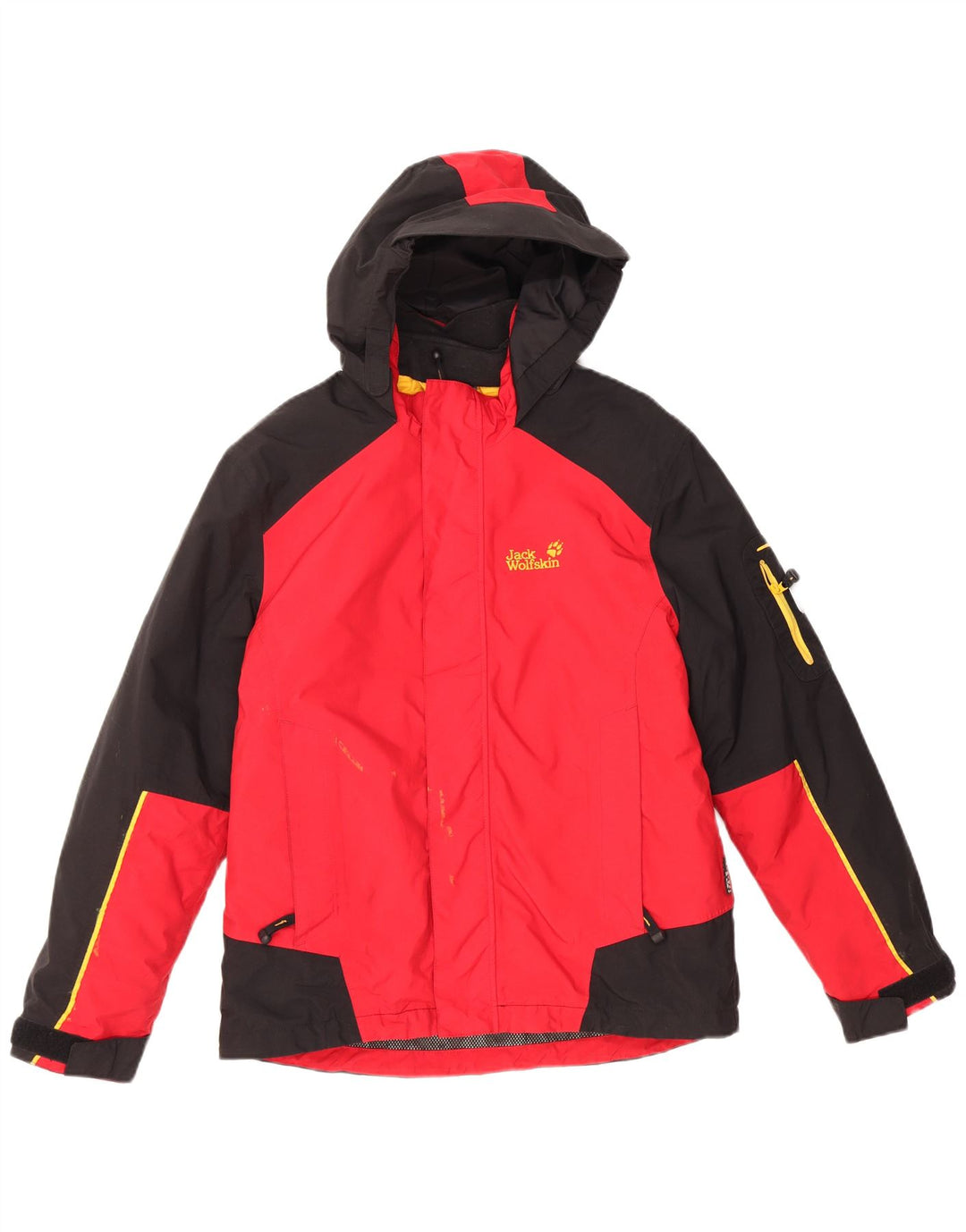 JACK WOLFSKIN Jungen-Regenjacke mit grafischer Kapuze, 11–12 Jahre, rotes Farbblockdesign