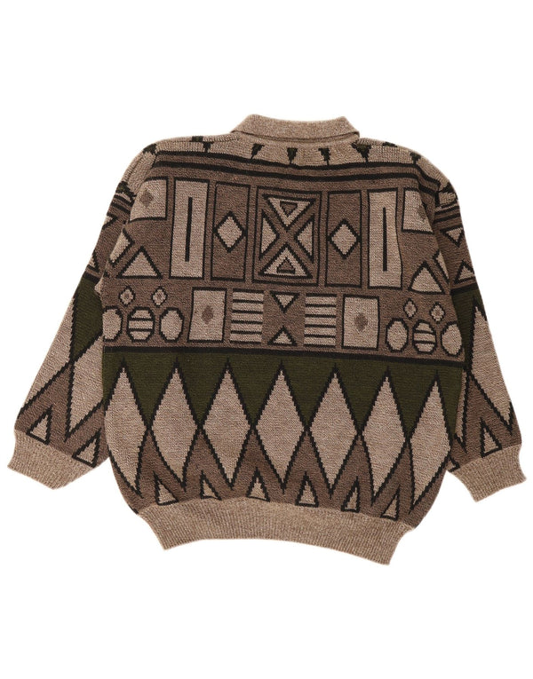 Vintage Mens Polo Neck Jumper Sweater Medium Brown Geometric
