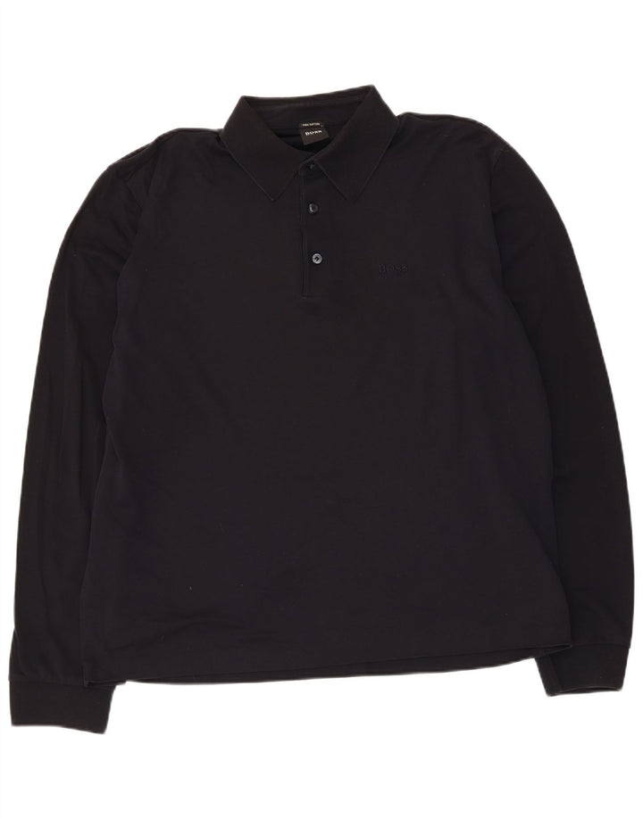 Hugo Boss Herren-Langarm-Poloshirt aus mittelschwarzer Baumwolle