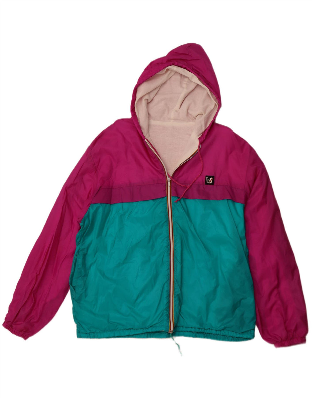 VINTAGE Herren-Regenjacke mit Kapuze, UK 42 XL, rosafarbenes Colourblock-Polyamid