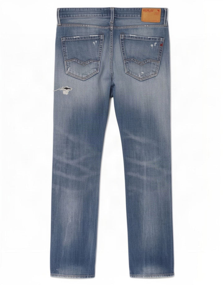 Replay Herren Waitom Distressed Straight Jeans W31 L32 Blaue Baumwolle