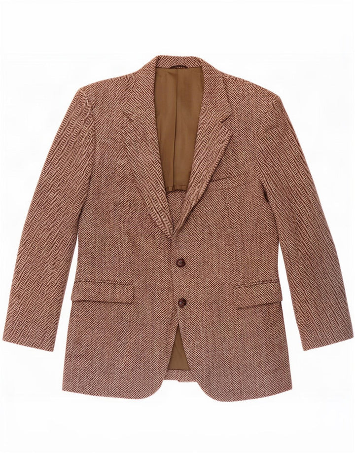 Harris Tweed Herren-Blazer mit 2 Knöpfen, UK 44, große braune Wolle mit Fischgrätenmuster