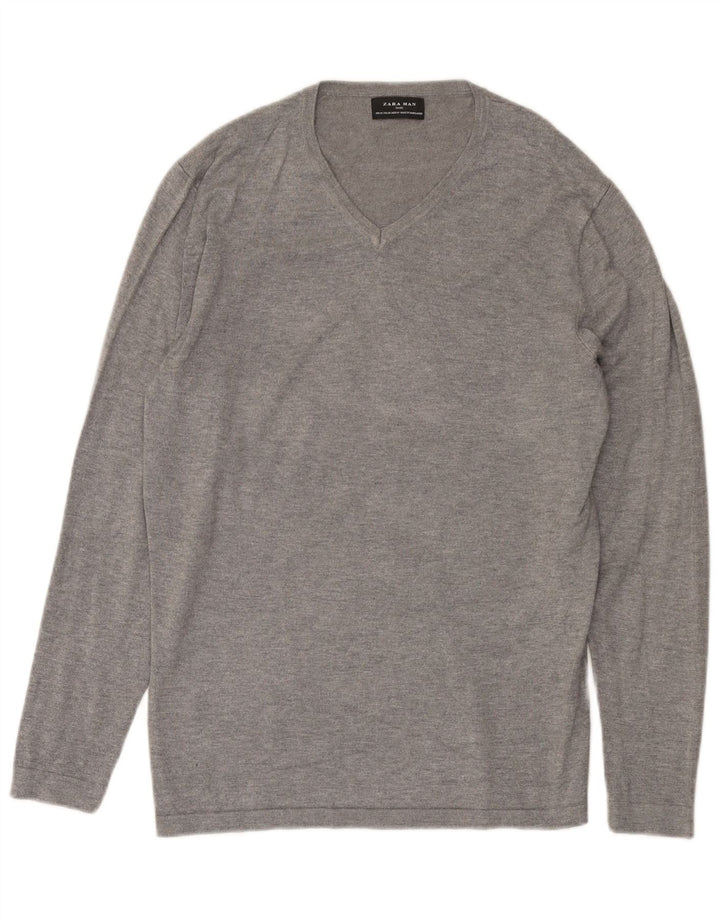 Zara Herren-Pullover mit V-Ausschnitt, Mittelgrau meliert