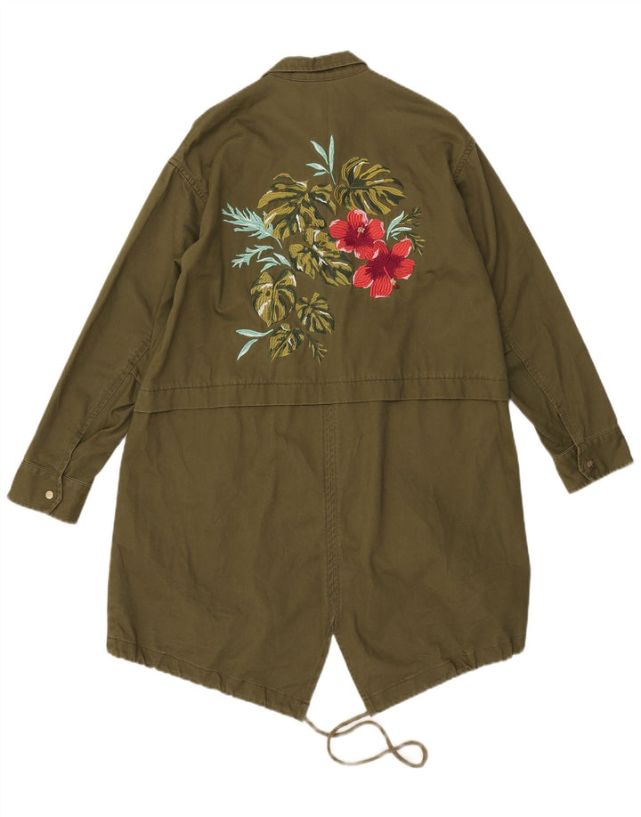 Zara Womens Graphic Oversized Parka Jacke UK 6 XS Khaki Floral Polyester