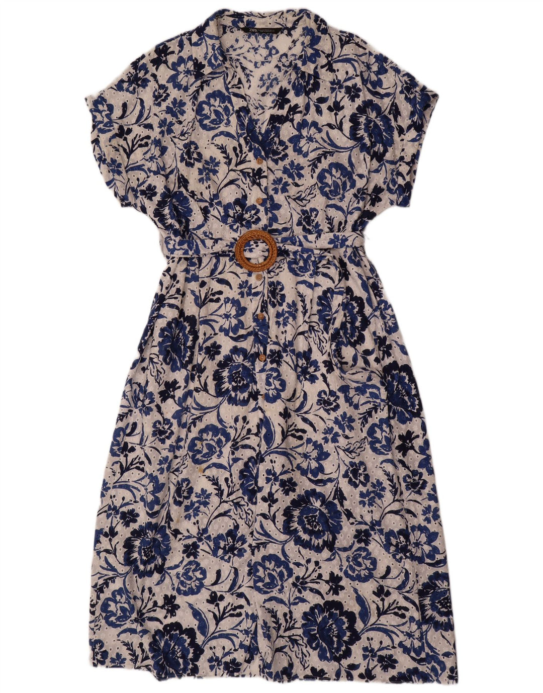 ZARA Damen Maxikleid mit kurzen Ärmeln, UK 20 2XL, blau geblümt, Baumwolle