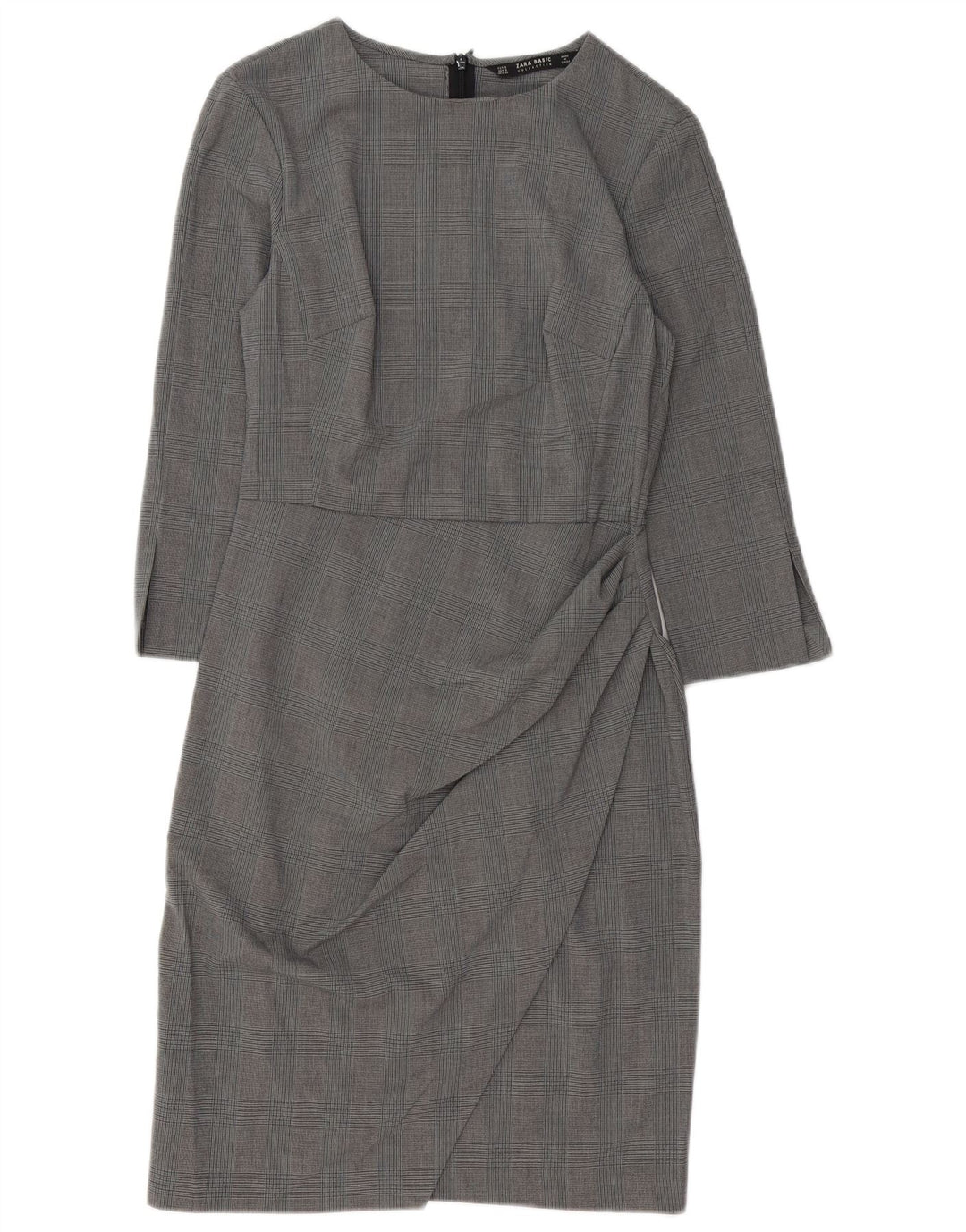 Zara Damen-Etuikleid mit 3/4-Ärmeln, Größe S, Grau, Hahnentrittmuster, Polyester