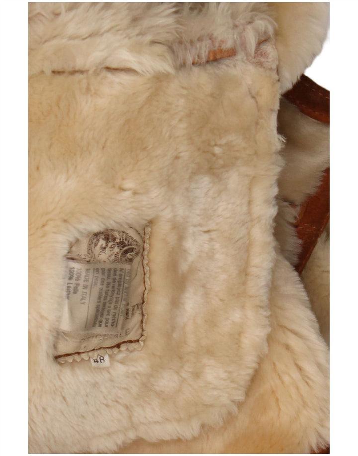 Vintage Damen Loose Fit Shearling Mantel IT 48 XL Braunes Leder