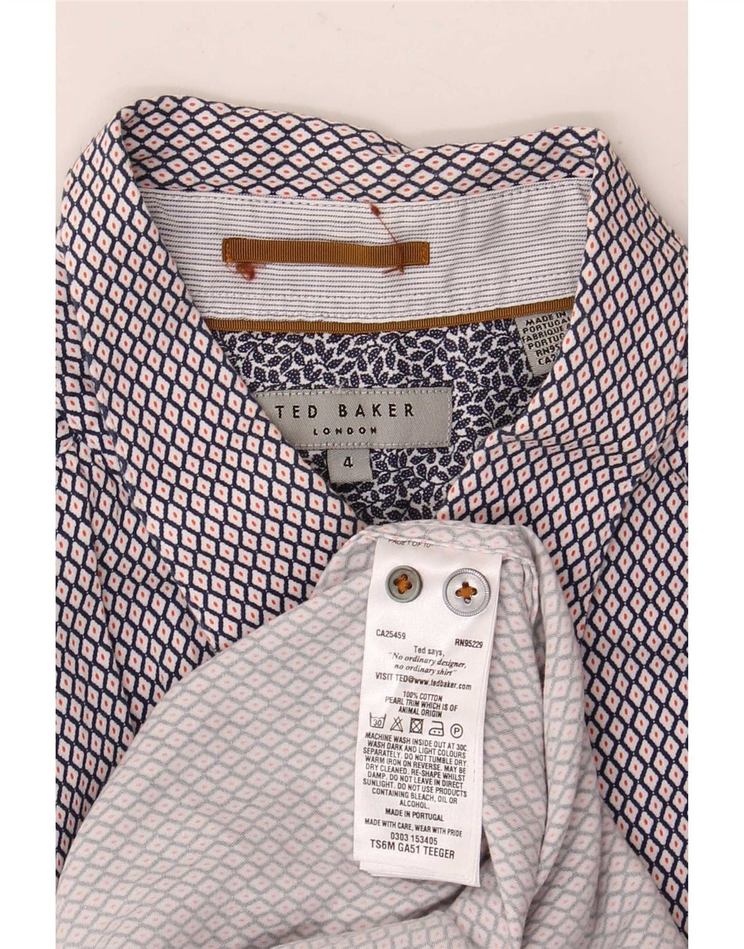 Ted Baker Herren-Kurzarmhemd, Größe 4, groß, marineblau, geometrische Baumwolle