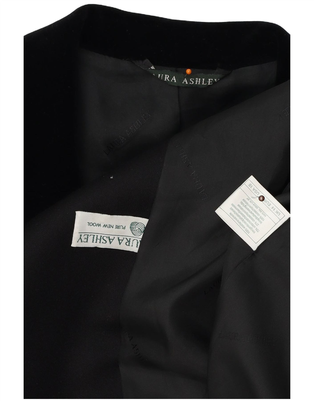 LAURA ASHLEY Damen Longline 4-Knopf-Blazerjacke UK 14 Große schwarze Wolle