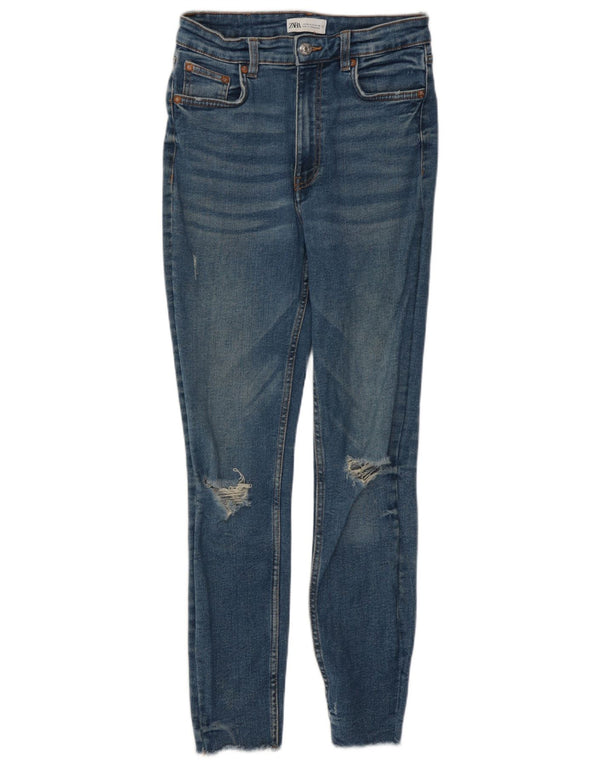 Zara Damen High Waist Distressed Skinny Jeans EU 38 Small W28 L27 Blau