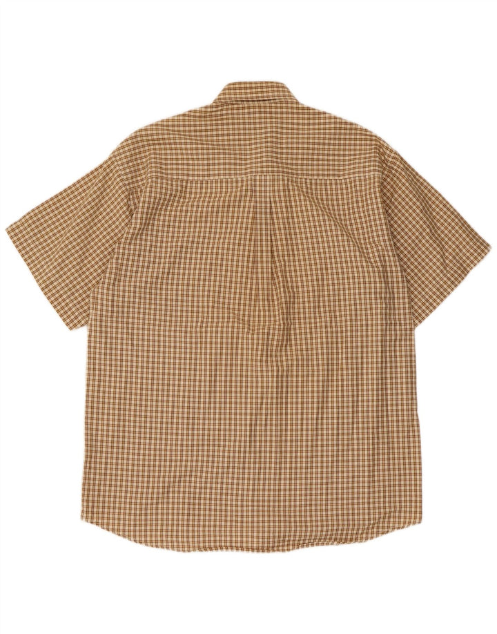 Lacoste Herren-Kurzarmhemd, Größe 41, große beige karierte Baumwolle