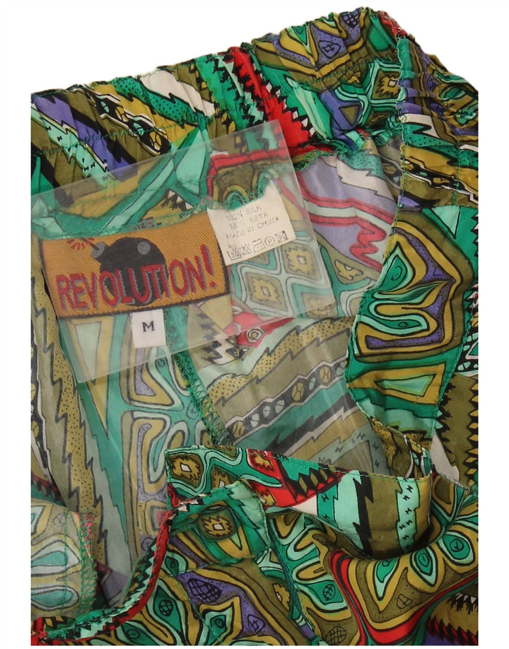 Vintage Damen lässige Shorts mit weitem Bein, mittelgroß, W28, grüne Patchwork-Seide