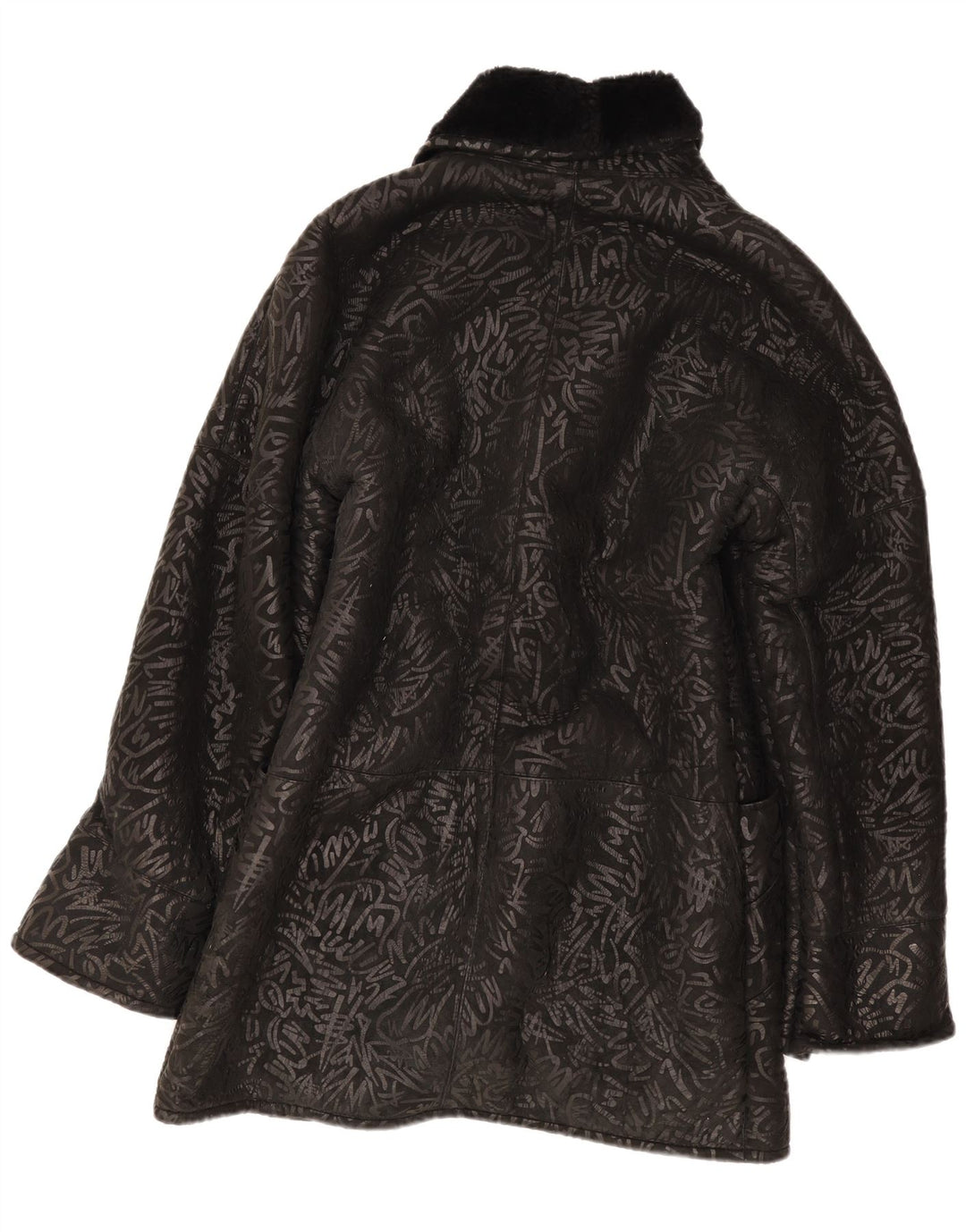 Vintage Damen Shearling Mantel mit abstraktem Muster UK 14 Medium Schwarz