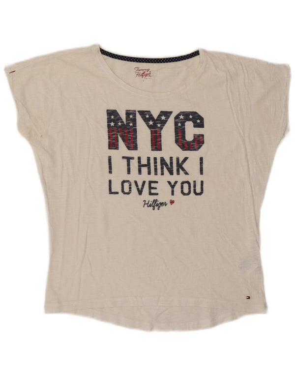 TOMMY HILFIGER Damen Übergroßes Grafik-T-Shirt-Oberteil UK 10 Small Weiß