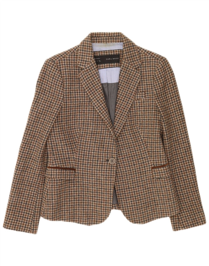 Zara Damen-Blazer mit 1 Knopf, Gr. 14, Beige, Hahnentrittmuster