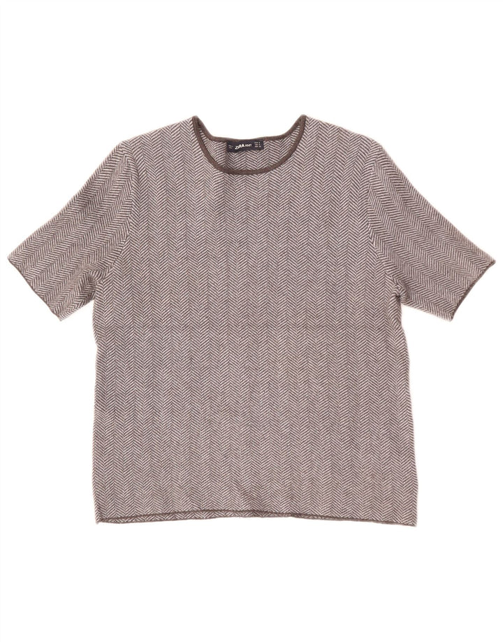 ZARA Damen T-Shirt Top UK 10 Small Graue Viskose mit Fischgrätenmuster