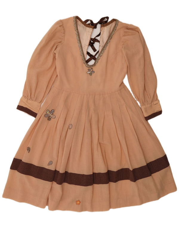 Vintage Damen Grafisches A-Linien-Kleid UK 12 Medium Beige Colourblock