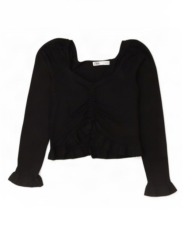 Zara Damen Crop Langarmbluse Top UK 10 Small Schwarz Viskose