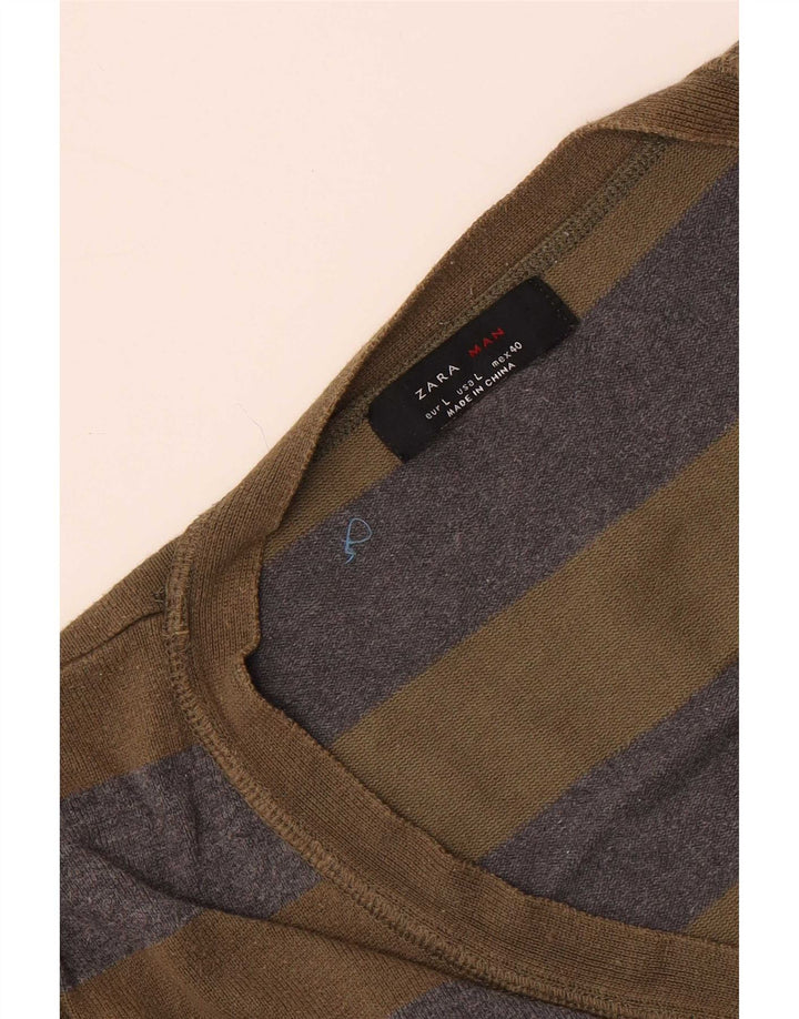 Zara Herren-Strickjacke, groß, Khaki, gestreift