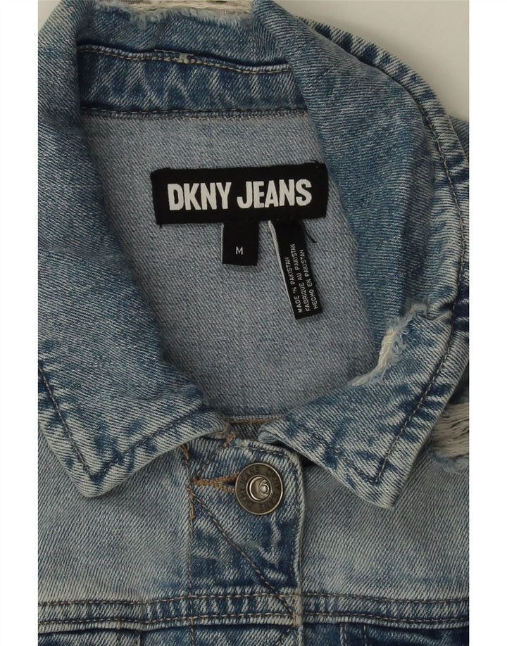 Dkny Womens Crop Distressed Denim Jacke UK 14 Mittelblaue Baumwolle