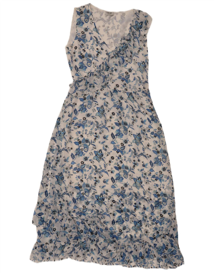 LIU JO Damen Maxikleid mit Rüschen, ärmellos, Größe 40, klein, weiß, geblümt