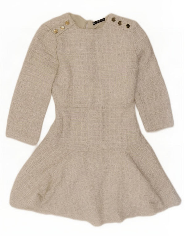 Zara Damen 3/4-Ärmel A-Linien-Kleid UK 6 XS Weiß Polyester