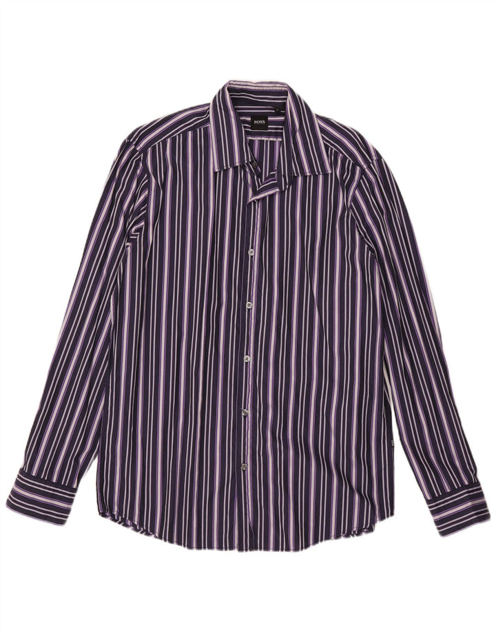 Hugo Boss Herrenhemd, groß, lila, gestreift, Baumwolle