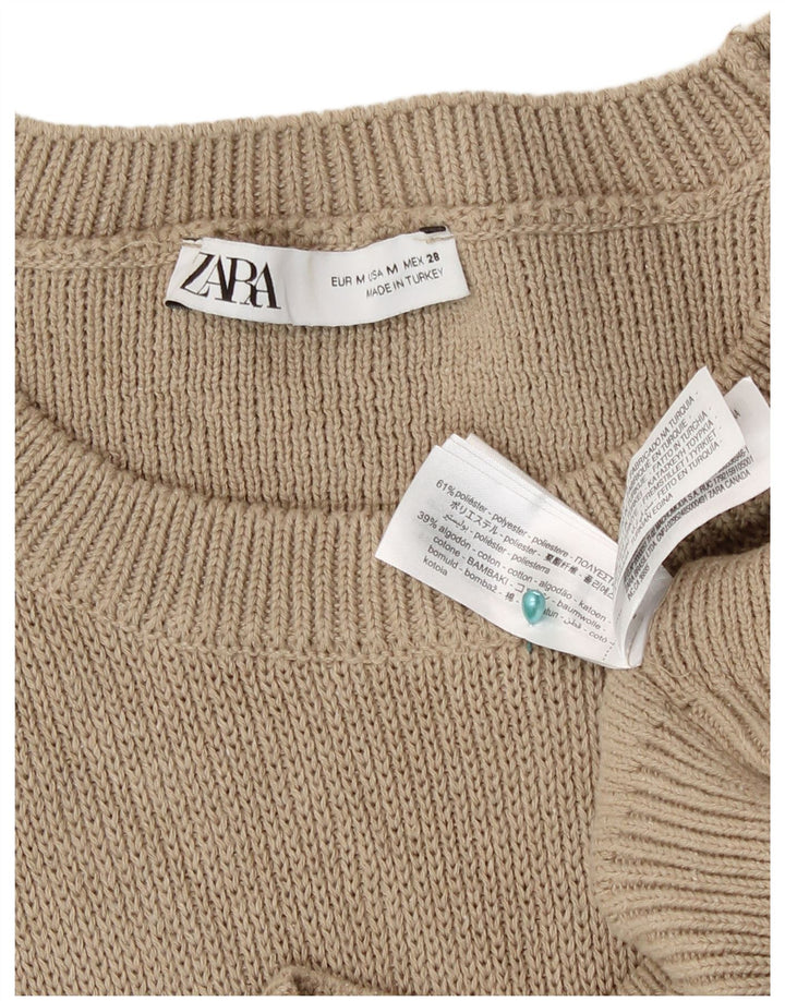 Zara Damen-Pullover mit Rundhalsausschnitt, lockere Passform, UK 14, mittelbeigefarbenes Polyester
