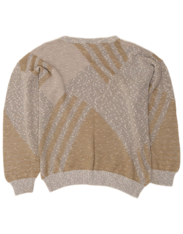 Vintage Damen Pullover mit U-Boot-Ausschnitt IT 50 XL Beige Colourblock Baumwolle