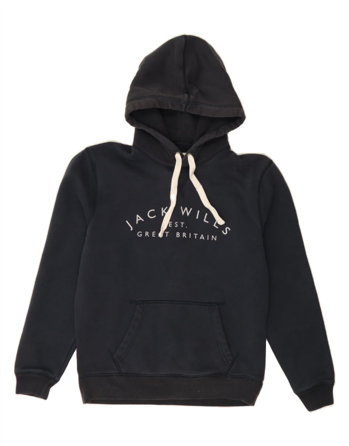 JACK WILLS Mens Graphic Hoodie Jumper Medium Navy Blue Cotton Vintage Jack Wills and Second-Hand Jack Wills from Messina Hembry 