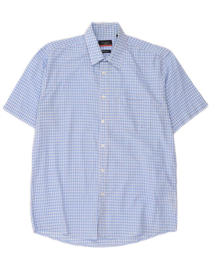 Pierre Cardin Herren-Kurzarmhemd mit normaler Passform, mittelblaues Gingham-Muster
