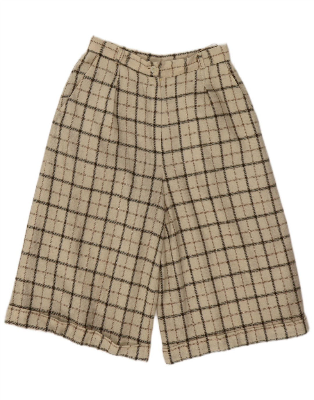 VINTAGE Lässige Damen-Shorts mit hoher Taille, mittelgroß, W26, beige karierte Wolle