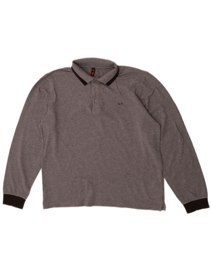 Sun68 Herren-Langarm-Poloshirt aus mittelgrauer Colourblock-Baumwolle