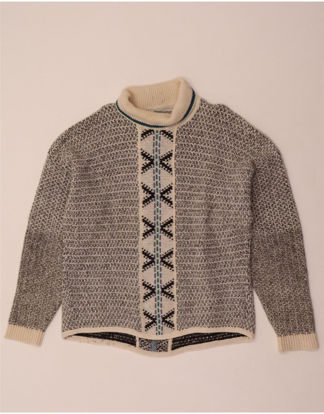 Vintage Herren Rollkragenpullover, große graue geometrische Wolle