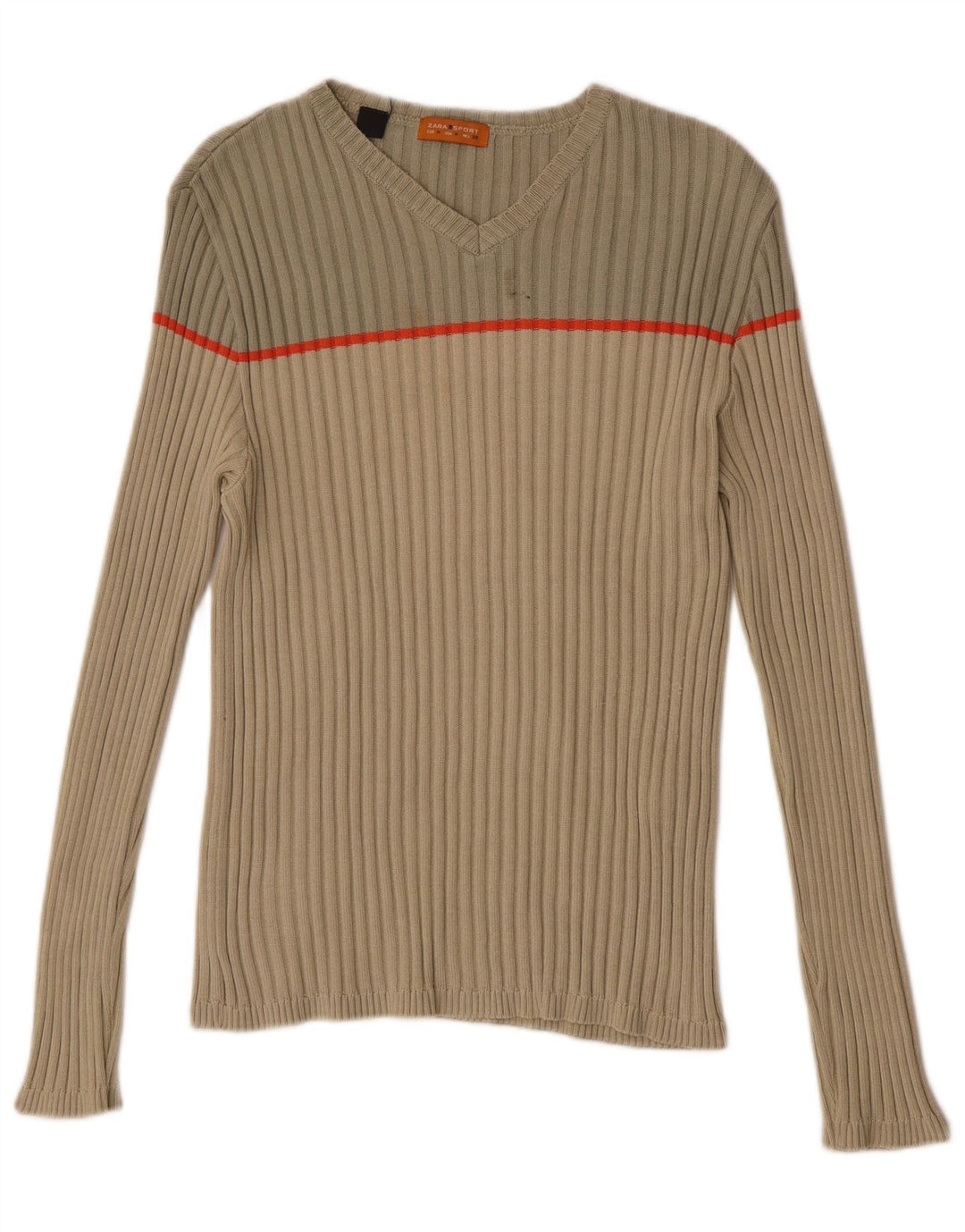 Zara Herren-Pullover mit V-Ausschnitt, mittelbeigefarbene Blockfarben-Baumwolle