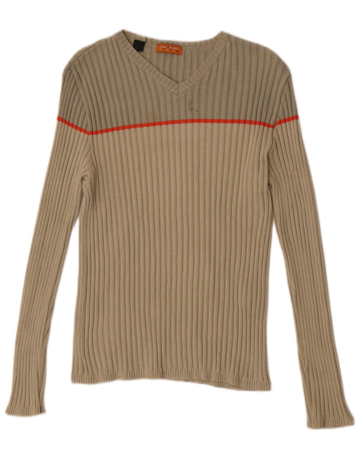 Zara Herren-Pullover mit V-Ausschnitt, mittelbeigefarbene Blockfarben-Baumwolle