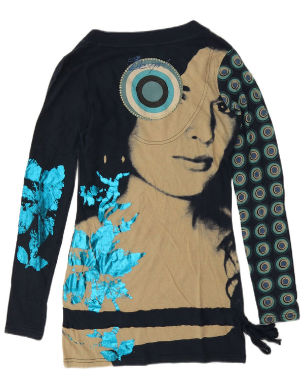 Desigual Womens Graphic Top Langarm UK 6 XS Marineblaue geometrische Baumwolle